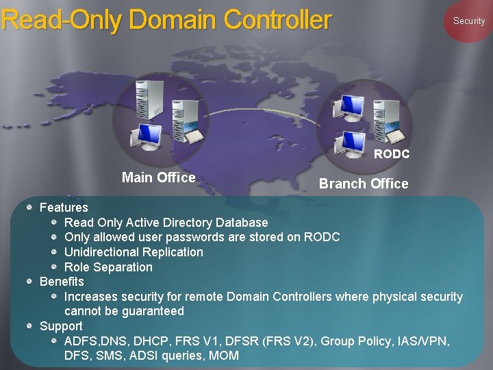 Read-Only Domain Controller Security RODC Main Office Branch Office Features Read Only Active Directory