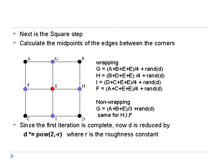  Next is the Square step Calculate the midpoints of the edges between the