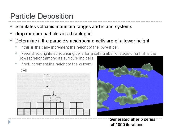 Particle Deposition Simulates volcanic mountain ranges and island systems drop random particles in a