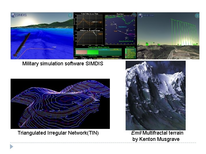 Military simulation software SIMDIS Triangulated Irregular Network(TIN) Emil Multifractal terrain by Kenton Musgrave 