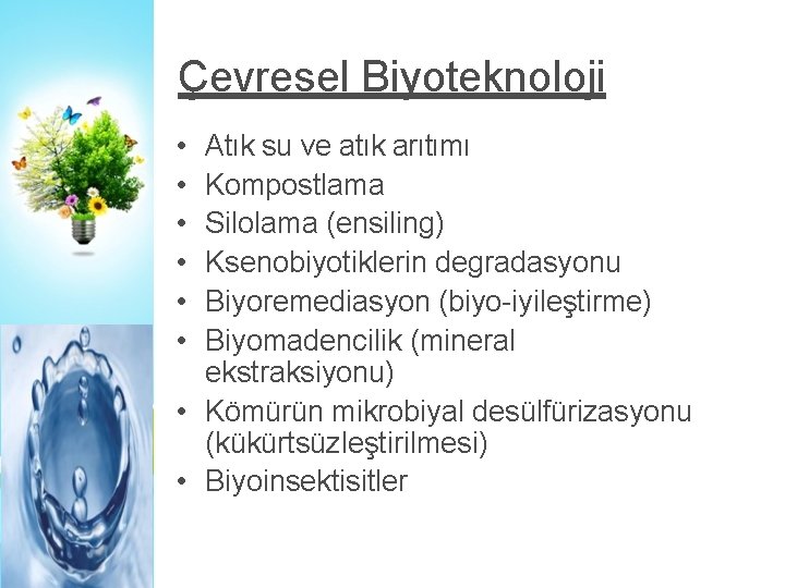 Çevresel Biyoteknoloji • • • Atık su ve atık arıtımı Kompostlama Silolama (ensiling) Ksenobiyotiklerin