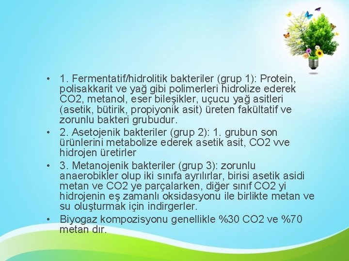  • 1. Fermentatif/hidrolitik bakteriler (grup 1): Protein, polisakkarit ve yağ gibi polimerleri hidrolize