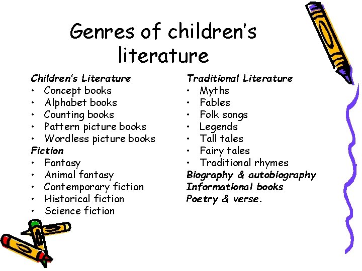Genres of children’s literature Children’s Literature • Concept books • Alphabet books • Counting
