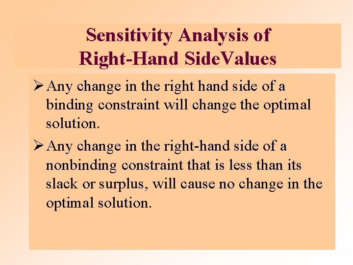 Sensitivity Analysis of Right-Hand Side. Values Ø Any change in the right hand side