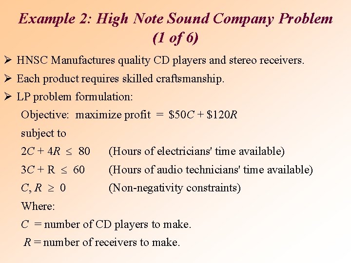 Example 2: High Note Sound Company Problem (1 of 6) Ø HNSC Manufactures quality
