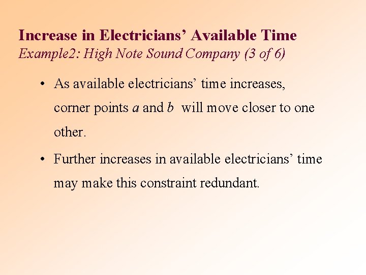 Increase in Electricians’ Available Time Example 2: High Note Sound Company (3 of 6)