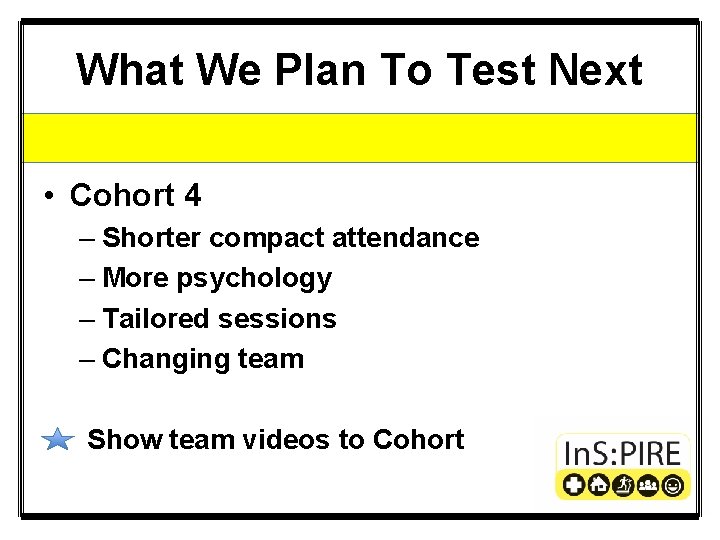 What We Plan To Test Next • Cohort 4 – Shorter compact attendance –