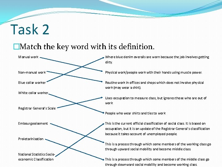 Task 2 �Match the key word with its definition. Manual work Where blue denim