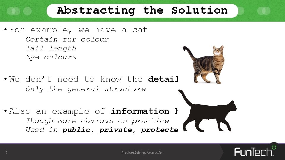 Abstracting the Solution • For example, we have a cat Certain fur colour Tail