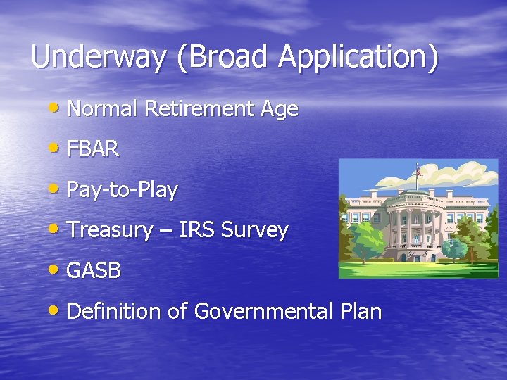 Underway (Broad Application) • Normal Retirement Age • FBAR • Pay-to-Play • Treasury –