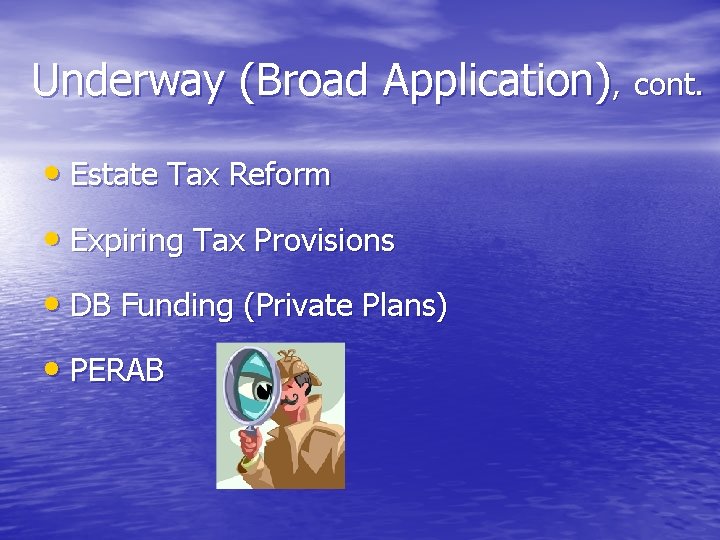 Underway (Broad Application), cont. • Estate Tax Reform • Expiring Tax Provisions • DB
