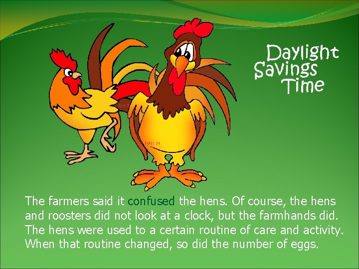 The farmers said it confused the hens. Of course, the hens and roosters did
