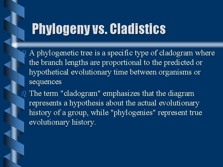 Phylogeny vs. Cladistics A phylogenetic tree is a specific type of cladogram where the Phylogeny vs. Cladistics A phylogenetic tree is a specific type of cladogram where the