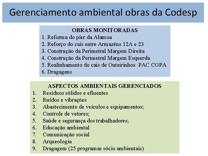 Gerenciamento ambiental obras da Codesp OBRAS MONITORADAS 1. Reforma do píer da Alamoa 2.