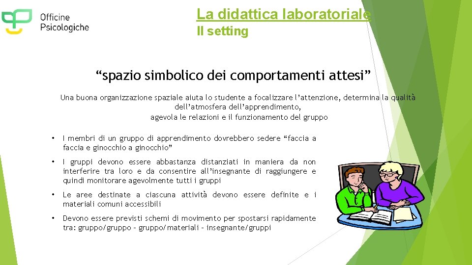 La didattica laboratoriale Il setting “spazio simbolico dei comportamenti attesi” Una buona organizzazione spaziale