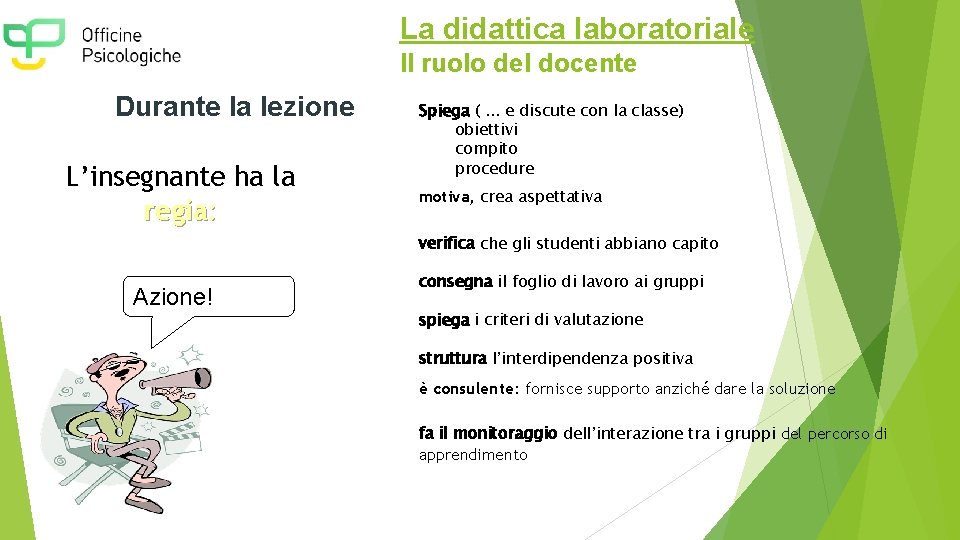 La didattica laboratoriale Il ruolo del docente Durante la lezione L’insegnante ha la regia: