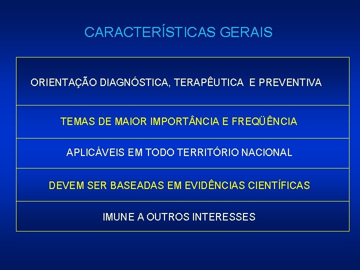 CARACTERÍSTICAS GERAIS ORIENTAÇÃO DIAGNÓSTICA, TERAPÊUTICA E PREVENTIVA TEMAS DE MAIOR IMPORT NCIA E FREQÜÊNCIA