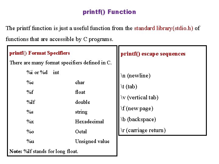 printf() Function The printf function is just a useful function from the standard library(stdio.