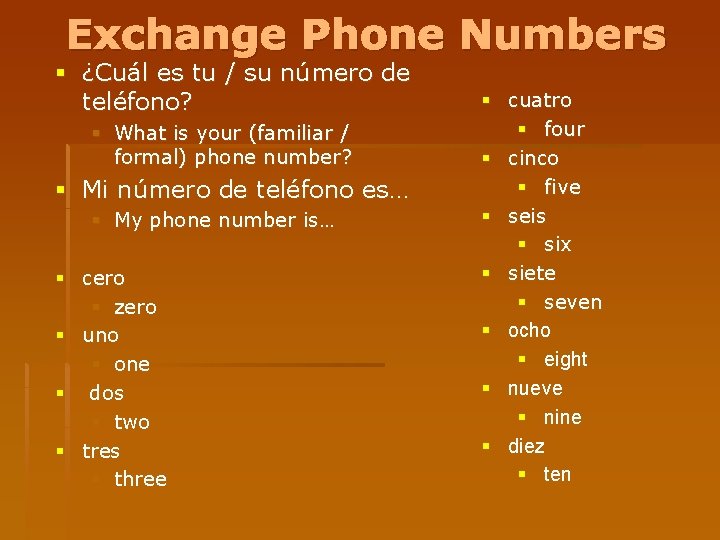 Exchange Phone Numbers § ¿Cuál es tu / su número de teléfono? § What