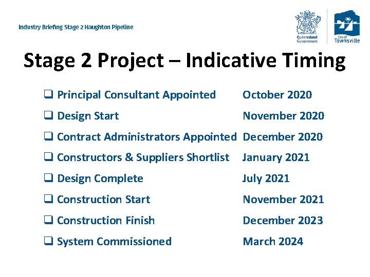 Stage 2 Project – Indicative Timing q Principal Consultant Appointed October 2020 q Design