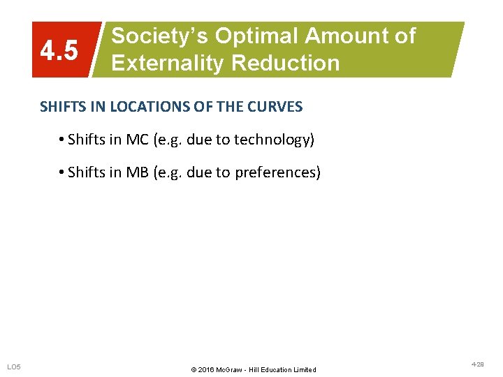 4. 5 Society’s Optimal Amount of Externality Reduction SHIFTS IN LOCATIONS OF THE CURVES