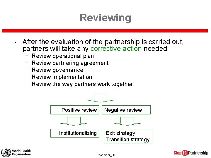 Reviewing • After the evaluation of the partnership is carried out, partners will take