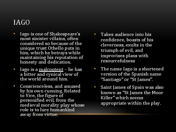 IAGO • Iago is one of Shakespeare’s most sinister villains, often considered so because