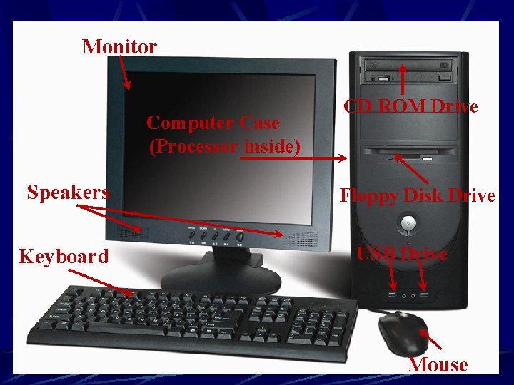 Monitor Computer Case (Processor inside) Speakers Keyboard CD ROM Drive Floppy Disk Drive USB