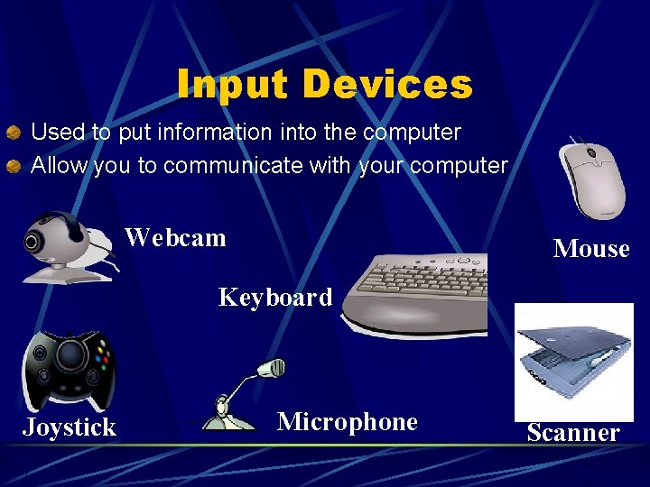Input Devices Used to put information into the computer Allow you to communicate with