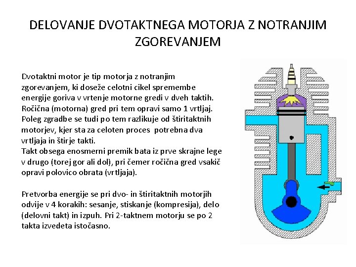 DELOVANJE DVOTAKTNEGA MOTORJA Z NOTRANJIM ZGOREVANJEM Dvotaktni motor je tip motorja z notranjim zgorevanjem,