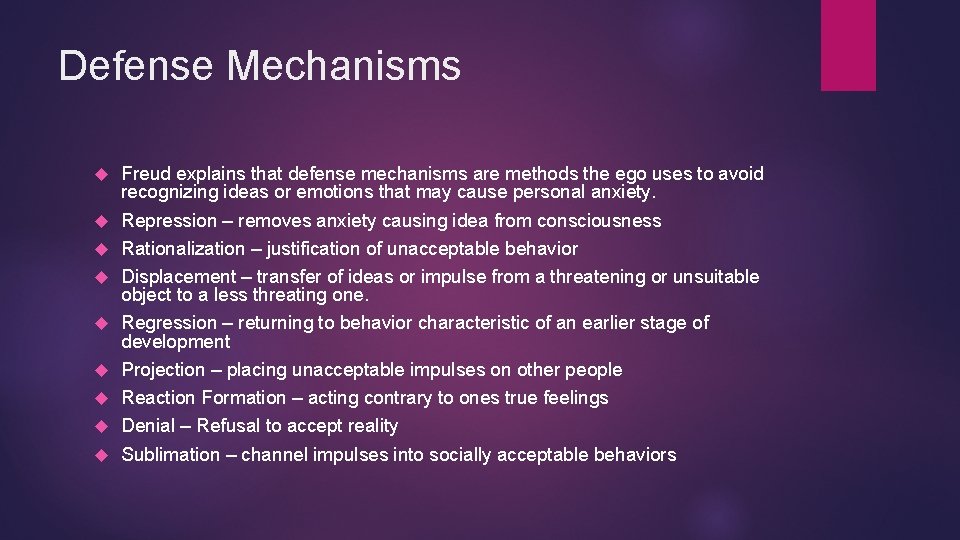 Defense Mechanisms Freud explains that defense mechanisms are methods the ego uses to avoid