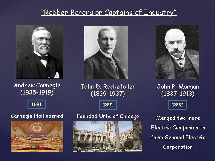 “Robber Barons or Captains of Industry” Andrew Carnegie (1835 -1919) John D. Rockefeller (1839