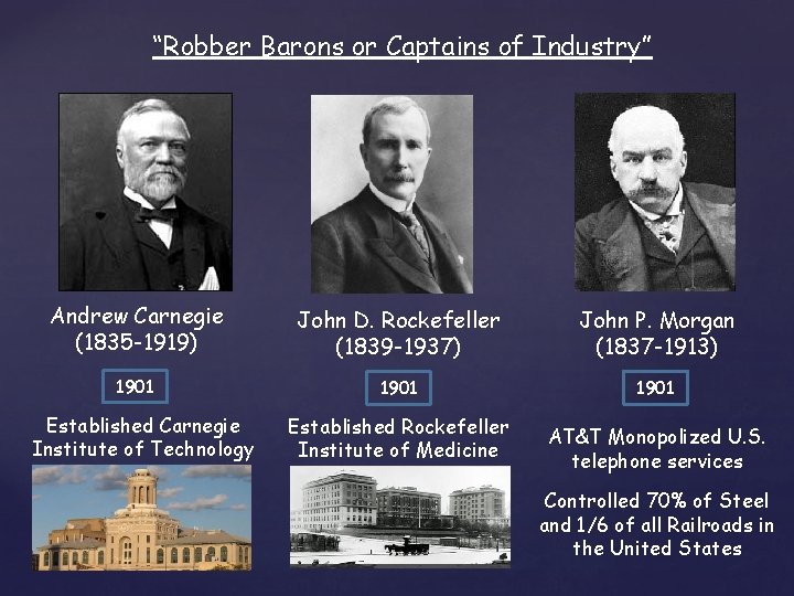 “Robber Barons or Captains of Industry” Andrew Carnegie (1835 -1919) John D. Rockefeller (1839