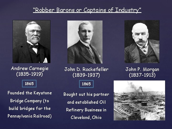 “Robber Barons or Captains of Industry” Andrew Carnegie (1835 -1919) John D. Rockefeller (1839