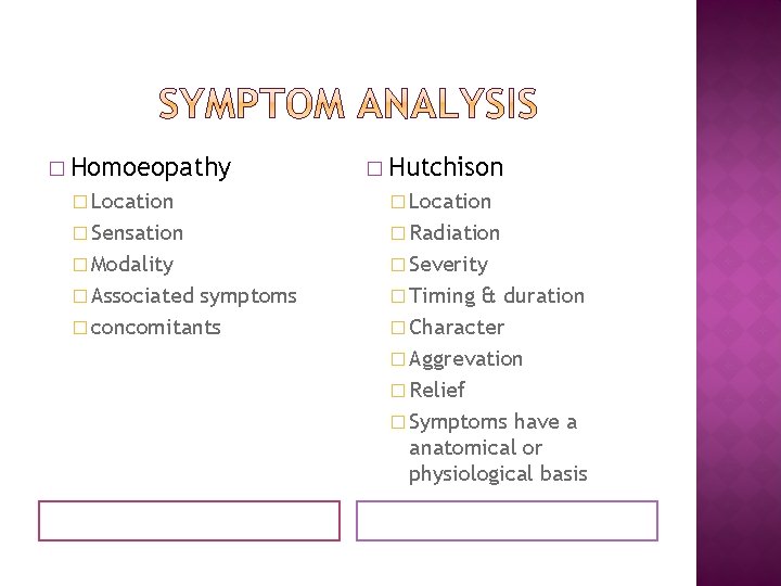 � Homoeopathy � Hutchison � Location � Sensation � Radiation � Modality � Severity