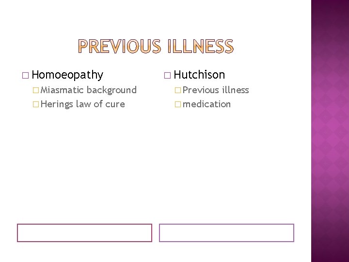 � Homoeopathy � Miasmatic background � Herings law of cure � Hutchison � Previous