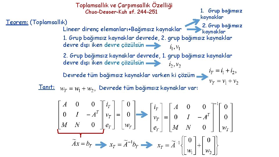 Toplamsallık ve Çarpımsallık Özelliği Chua-Desoer-Kuh sf. 244 -251 Teorem: (Toplamsallık) Lineer direnç elemanları+Bağımsız kaynaklar