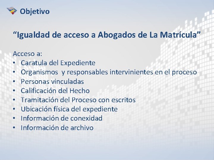 Objetivo “Igualdad de acceso a Abogados de La Matrícula” Acceso a: • Caratula del