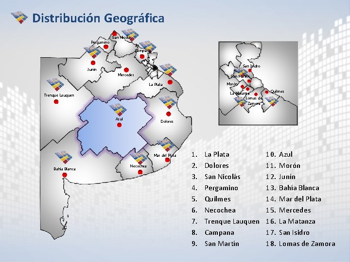 Distribución Geográfica San Nicolás Pergamino Campana San Isidro Junín Mercedes San Martín Morón La