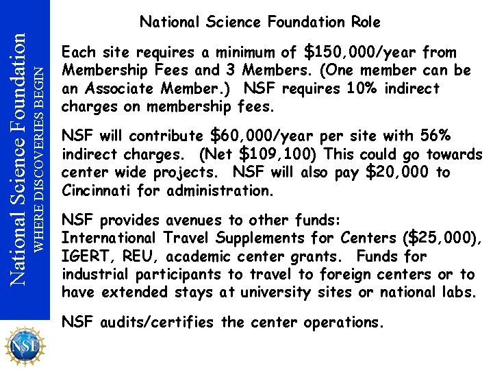 WHERE DISCOVERIES BEGIN National Science Foundation Role Each site requires a minimum of $150,