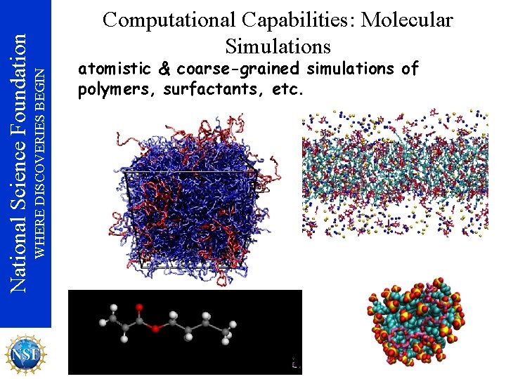 WHERE DISCOVERIES BEGIN National Science Foundation Computational Capabilities: Molecular Simulations atomistic & coarse-grained simulations