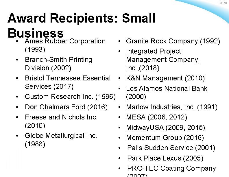 2020 Award Recipients: Small Business • Ames Rubber Corporation • Granite Rock Company (1992)