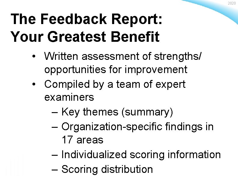 2020 The Feedback Report: Your Greatest Benefit • Written assessment of strengths/ opportunities for