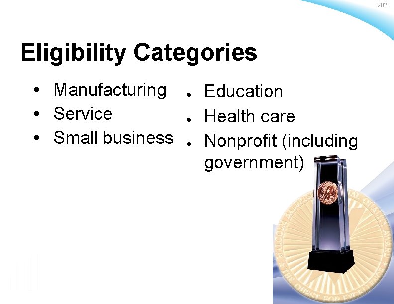 2020 Eligibility Categories • Manufacturing • Service • Small business Baldrige Performance Excellence Program