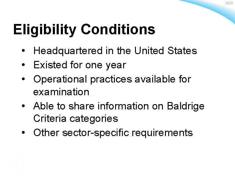 2020 Eligibility Conditions • Headquartered in the United States • Existed for one year