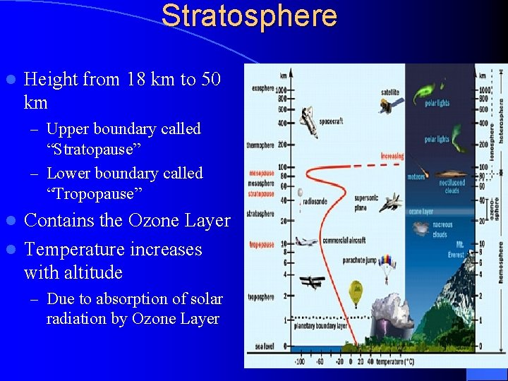 Stratosphere l Height from 18 km to 50 km – Upper boundary called “Stratopause”