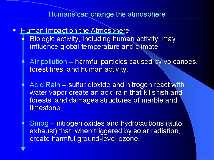 Humans can change the atmosphere § Human Impact on the Atmosphere § Biologic activity,