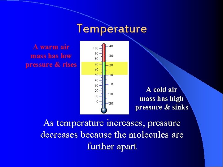 Temperature A warm air mass has low pressure & rises A cold air mass