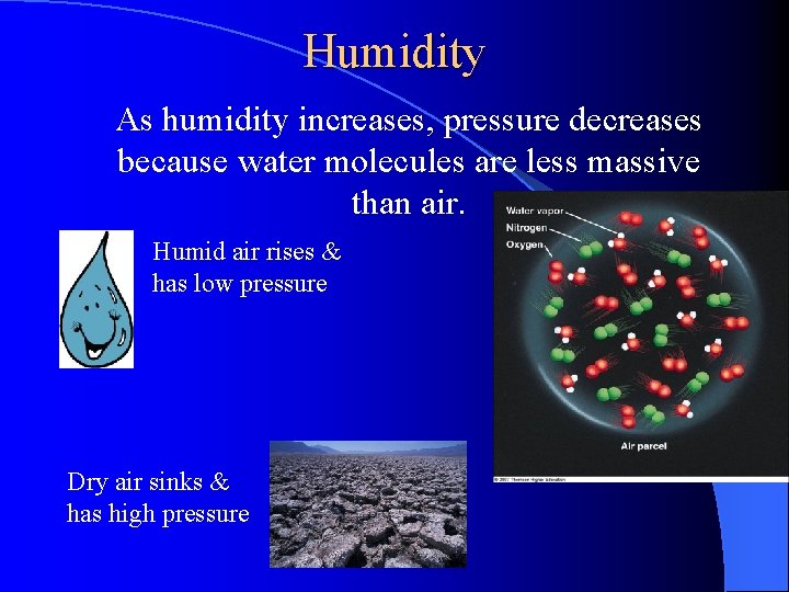 Humidity As humidity increases, pressure decreases because water molecules are less massive than air.