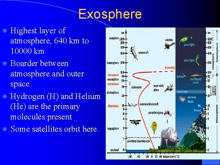 Exosphere Highest layer of atmosphere, 640 km to 10000 km l Boarder between atmosphere